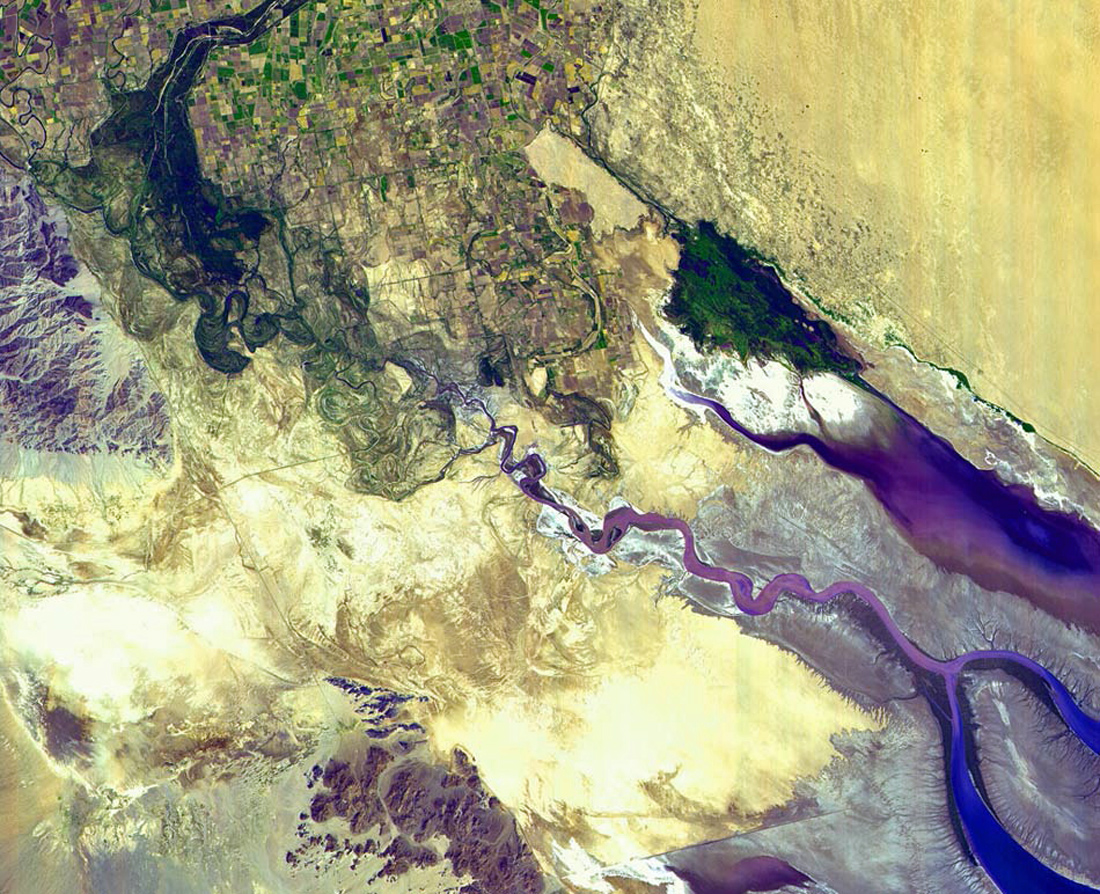 Satellite picture showing the endpoint of the Colorado River in Mexico, just north of the Gulf of California.