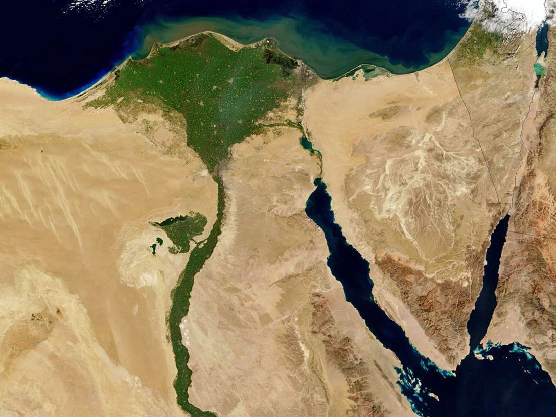  Satellite view by NASA showing the Nile Valley in Egypt, and how there is lush growth along the Nile River and in the Nile delta.