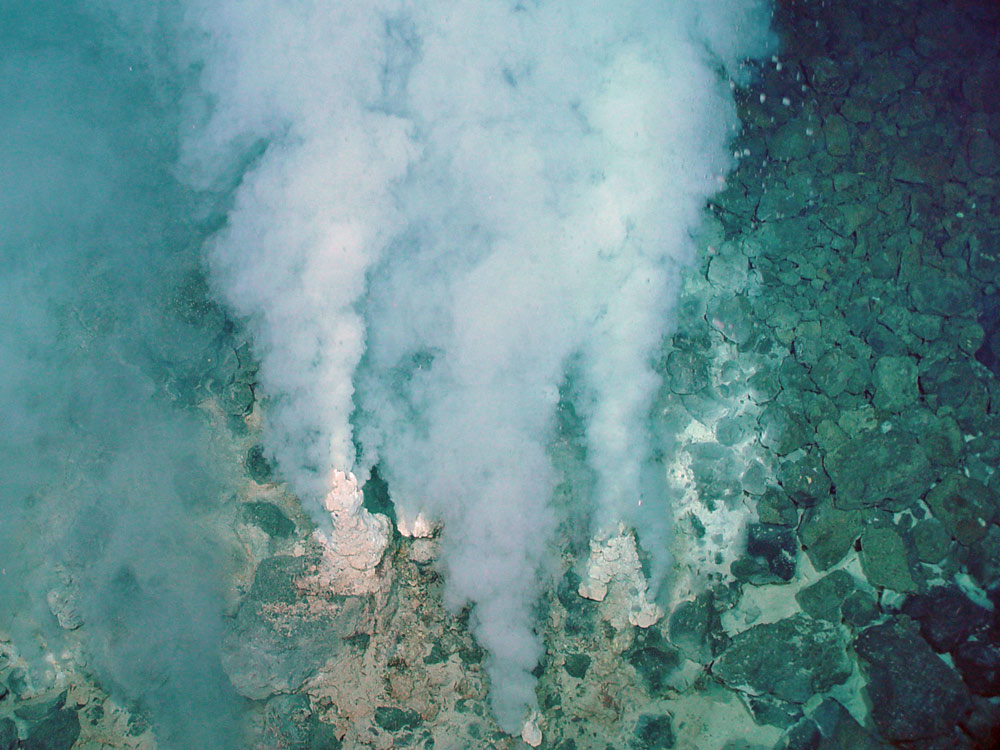 The Mariana Arc is part of the Ring of Fire in the western Pacific Ocean where tectonic plates are moving relatively quickly. Hydrothermal vents, such as these, are present, and they release large amounts of carbon dioxide and minerals.