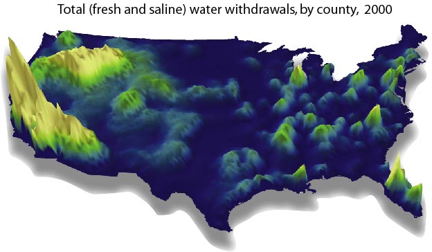 El mapa que se muestra abajo indica la extracción total de agua dulce en los Estados Unidos en 2000