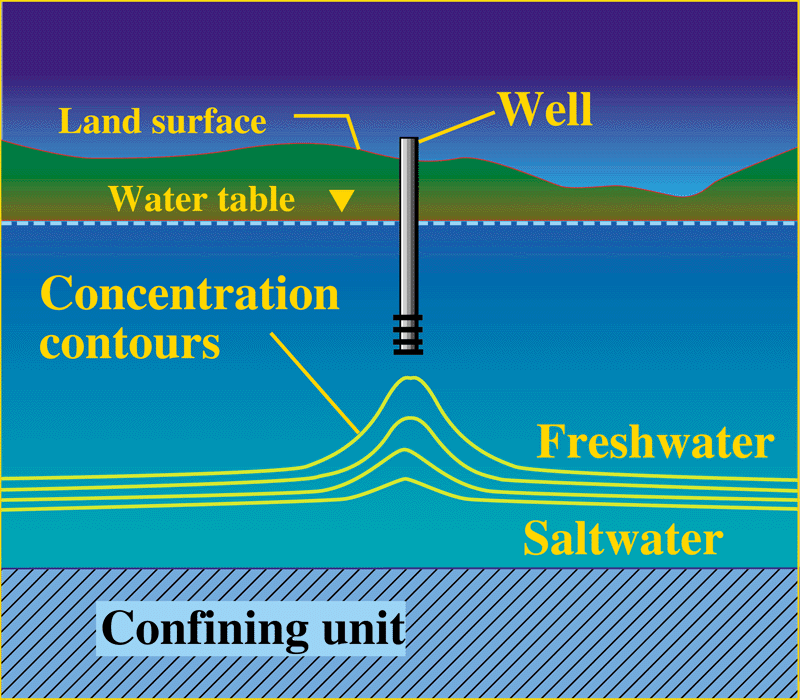 Vertical movement (pconing) of saltwater at a discharging well