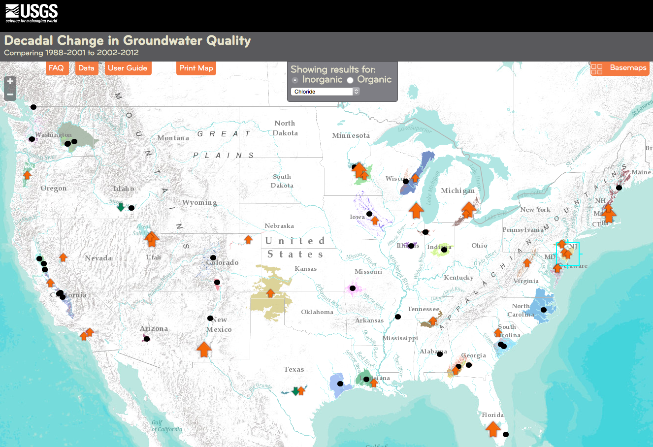  [ Screenshot of USGS National Water-Quality Trends Map ] 
