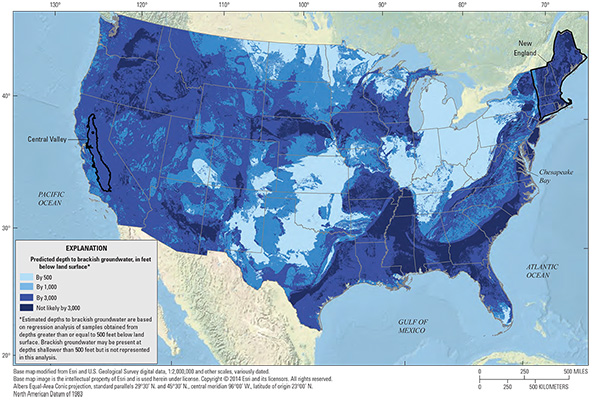  [ Map: Predicted depth to brackish groundwater in the conterminous United States. ] 