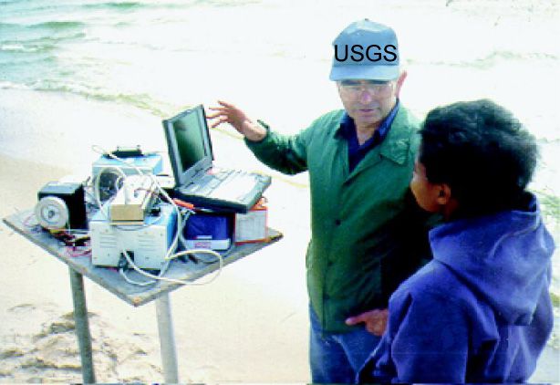  [Photo: USGS hydrologist with computer demonstrates collection of ground-water data] 