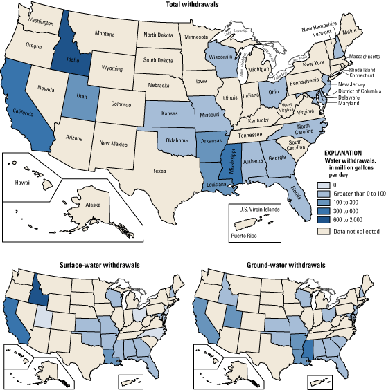 maps of data from Table 9--aquaculture total, ground-water, and surface-water withdrawals by State