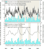 Bar chart/plot: precipitation, water level, and flow, 1991-95