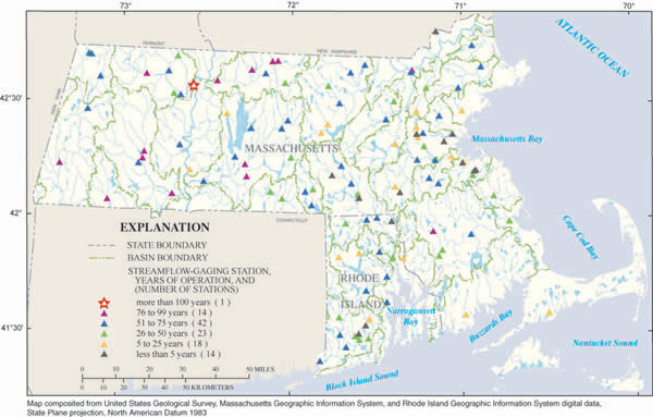 Map showing location of streamflow-gages in MA and RI 