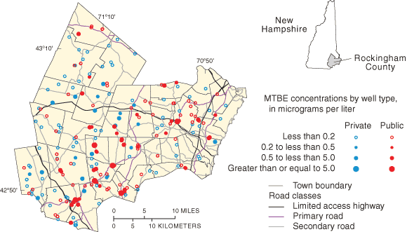 Figure 2 is a map showing the three county study area where concentrations of MTBE in public and private wells during 2003.
