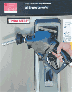 Photograph of gasoline pump and hose with the sign MTBE attached