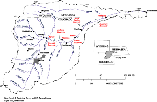 Figure 1. Offstream reservoirs and river sites sampled in the South Platte River Basin in 1995. These reservoirs are valuable for irrigation water, recreation, and wildlife habitat. 