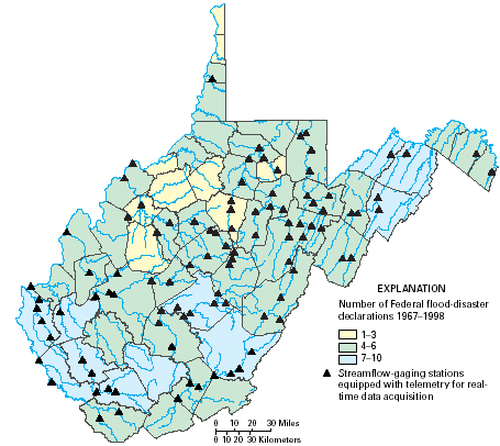 Map showing flood declaration and realtime streamflow-gaging stations