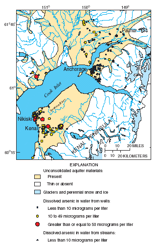 Map showing spatial distribution of dissolved arsenic in selected wells and streams sampled by the U.S. Geological Survey.