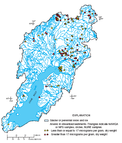 Map showing concentration of arsenic in National Water-Qaulity Assessment (NAWQA) Program, National Park Service (NPS), and National Uranium Resource Evaluation (NURE) streambed-sediment samples.