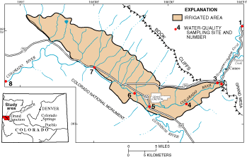 Figure 1. Irrigated area in the Grand Valley and locations of sampling sites for the 1994–95 salinity study of the Colorado River.