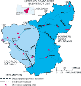 Map showing location of Upper Colorado River Basin study unit, physiographic provinces, and biological sampling sites.
