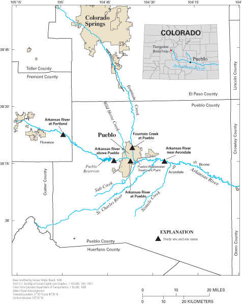 Figure 1 showing location of study area and selected surface-water and water-quality sites.
