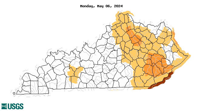 Kentucky:below normal 7-day average streamflow condition map