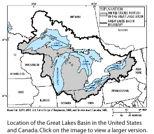 Location of the Great Lakes Basin in the United States and Canada.