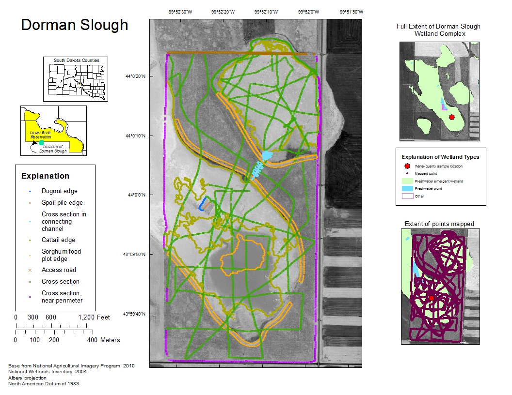 Image of man-made and natural features for the Dorman Slough in the Lower Brule Indian Reservation in central South Dakota Image of man-made and natural features for the Dorman Slough in the Lower Brule Indian Reservation in central South Dakota