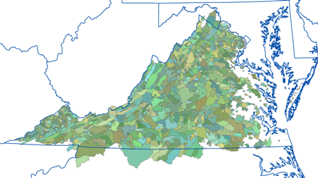 Each drainage basin colored with a unique value renderer. State borders on top. Each drainage basin colored with a unique value renderer. State borders on top.