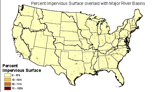 Impervious Surface overlain with Major River basins. Impervious Surface overlain with Major River basins.