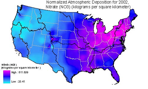 Normalized atmmospheric deposition for 2002, nitrate (NO3) overlain on Major River Basins. Normalized atmmospheric deposition for 2002, nitrate (NO3) overlain on Major River Basins.