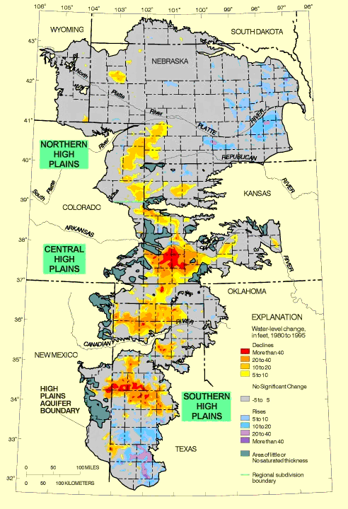 A browse image of the water-level-change contours data set for the High Plains aquifer, 1980 to 1995. A browse image of the water-level-change contours data set for the High Plains aquifer, 1980 to 1995.
