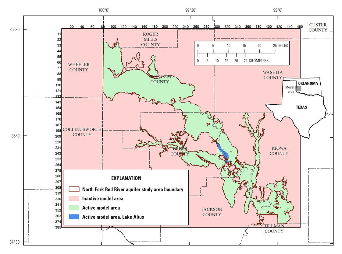 Image showing the model domain with active and inactive areas of the numerical groundwater-flow model for the North Fork Red River aquifer in southwest Oklahoma Image showing the model domain with active and inactive areas of the numerical groundwater-flow model for the North Fork Red River aquifer in southwest Oklahoma