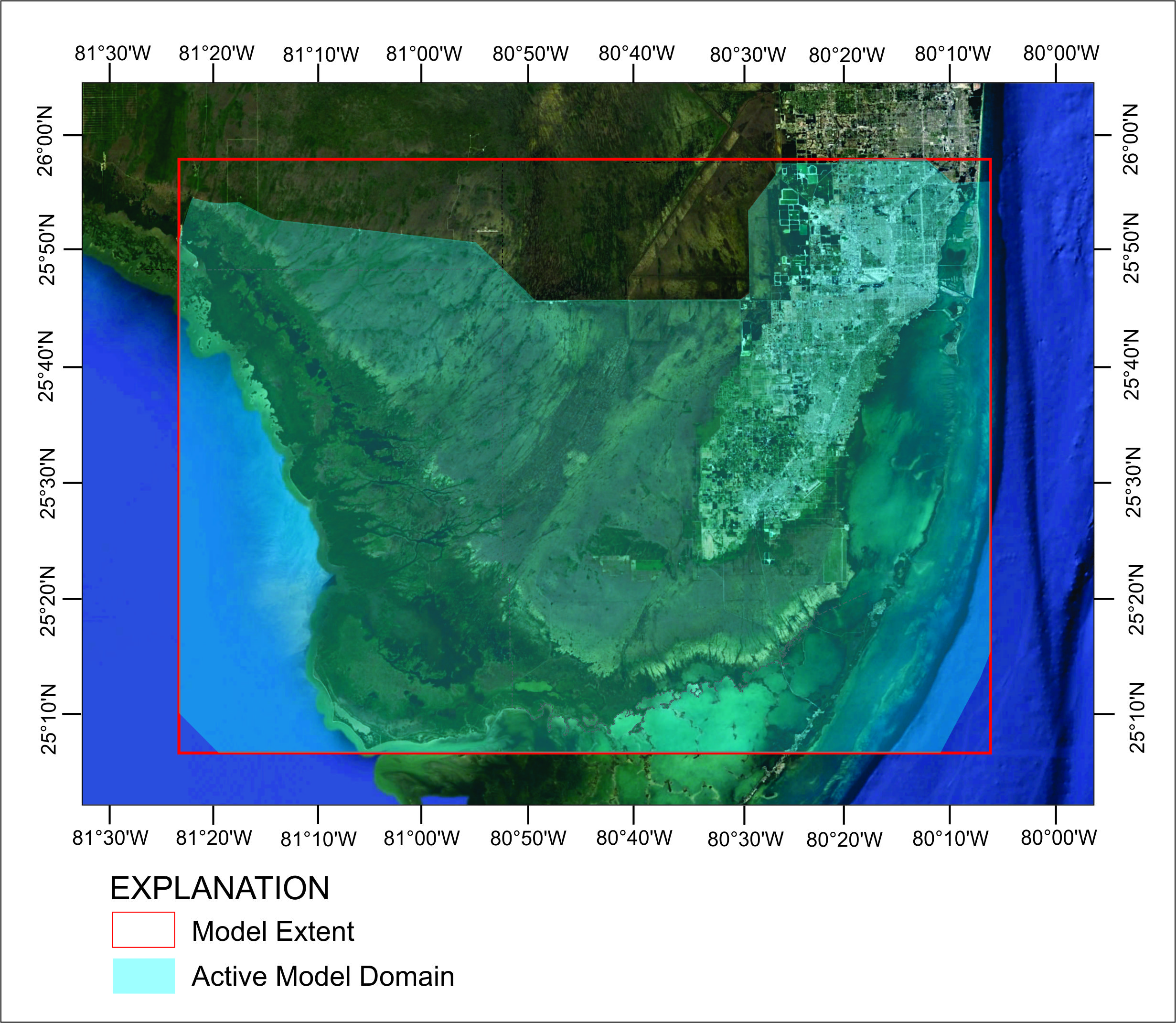 Image of the model domain and active area of the model. Image of the model domain and active area of the model.