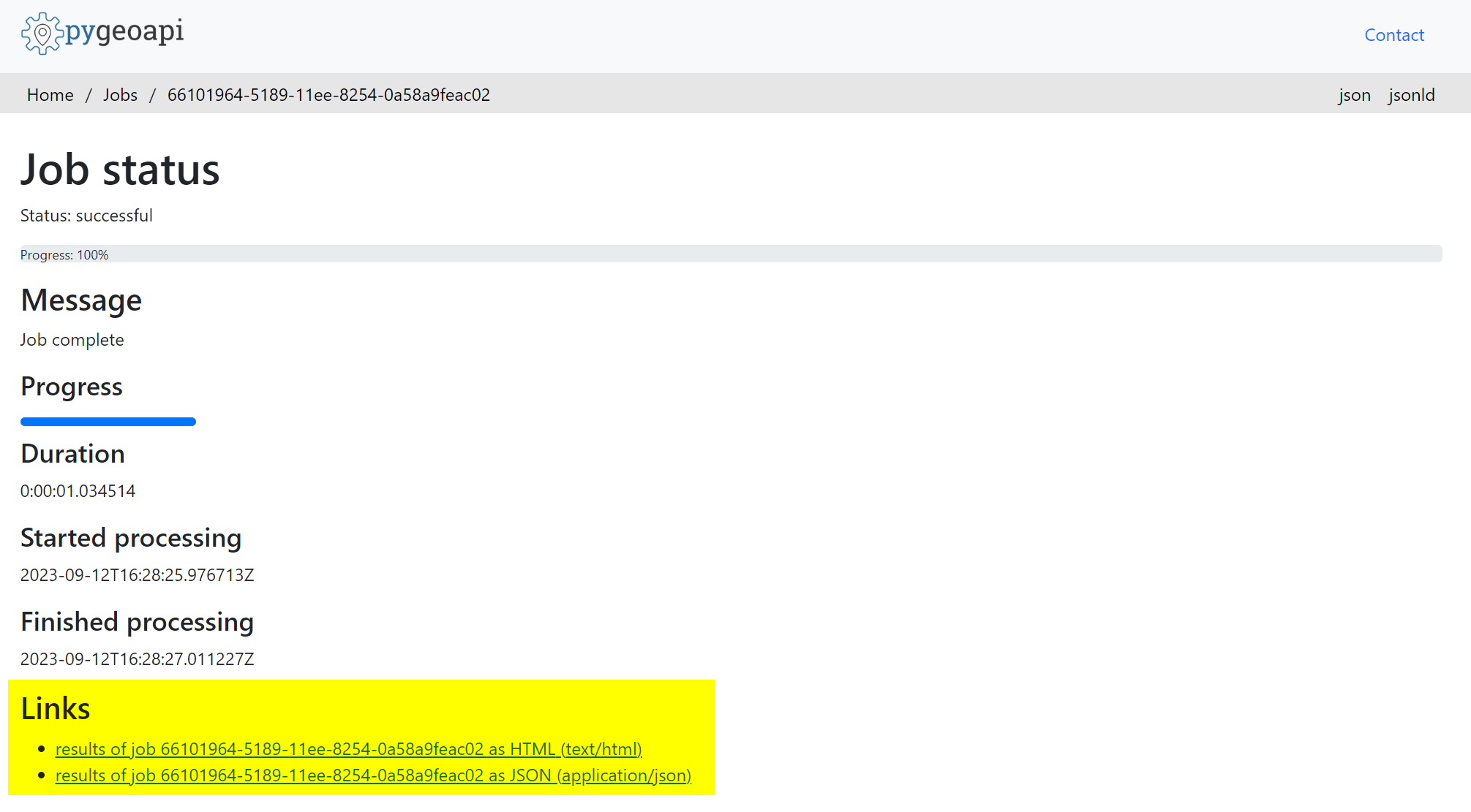 The path /jobs/job-id will display the graphical user interface (GUI) for that specific job including information on the status of the job and links to retrieve the results