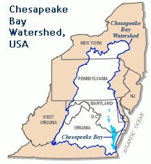 Map of the northeastern United States showing an outline of the Chesapeake Bay watershed, which drains into the Atlantic Ocean.