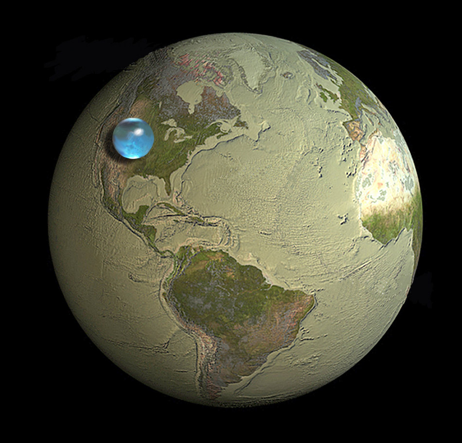 Drawing of Earth showing if all Earth's liquid water was put into a sphere it would be labout 860 miles (1,385 kilometers) in diameter.