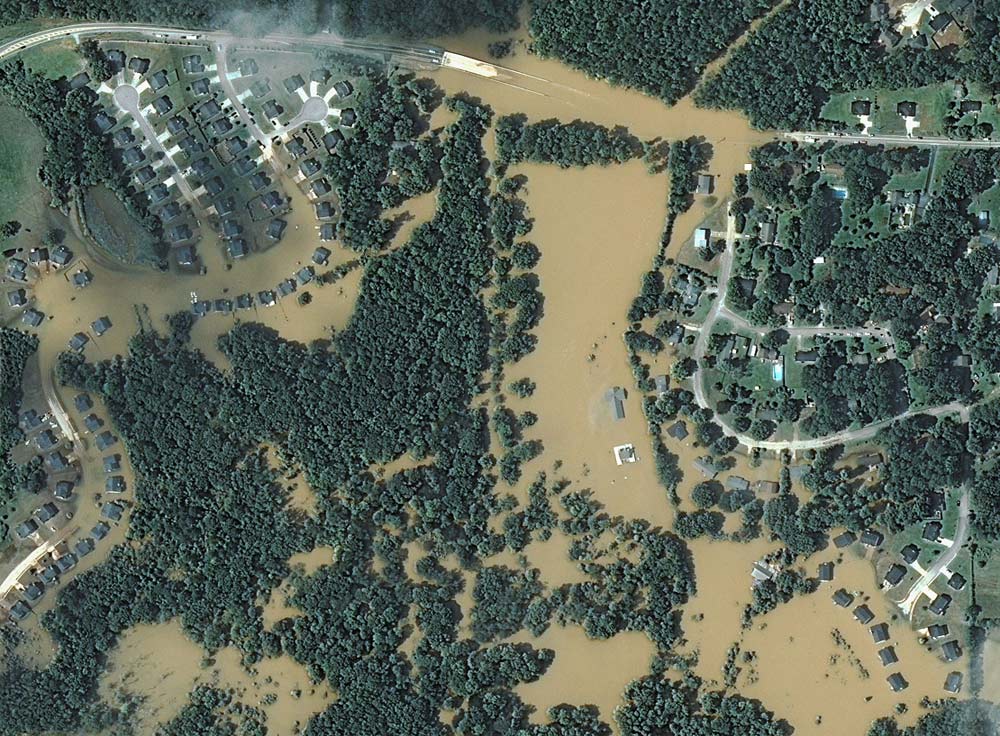 Aerial picture showing urban flooding in Lithia Springs, Georgia just west of downtown Altanta, after epic rainfall, 22 Sept. 2009.