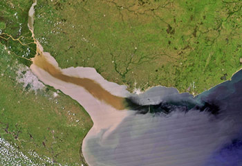 Satellite view of La Plata River discharge to the Atlantic Ocean. (Credit: UNESCO)