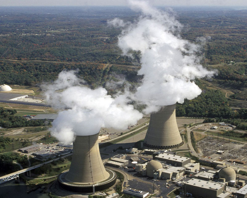 Beaver Valley Power Station in Pennsylvania. Hot water evaporating inside the towers creates steam that rises from large cooling towers.