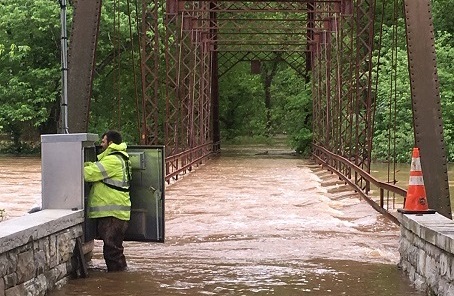 USGS technician inspects gage during flood