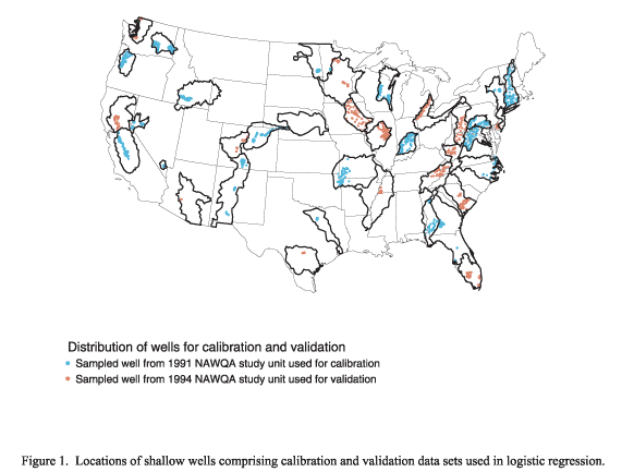 FIGURE 1. Locations of shallow wells comprising calibration and validation data sets used in logistic regression.