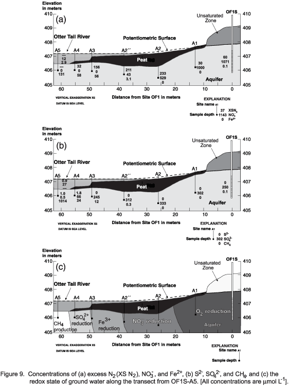 Concentrations of (a) excess N2 (XS N2), NO3-, and FE2+,
(b)S2-, SO42-, and CH4, and (c) the redox state of ground water along the transect
from OF1S-A5.