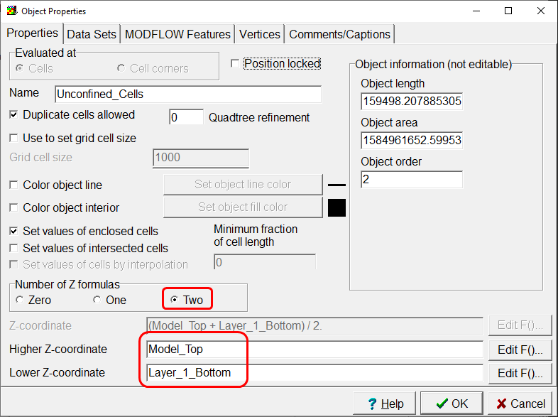 Object Properties dialog box with appropriate formulas for Z coordinates emphasized