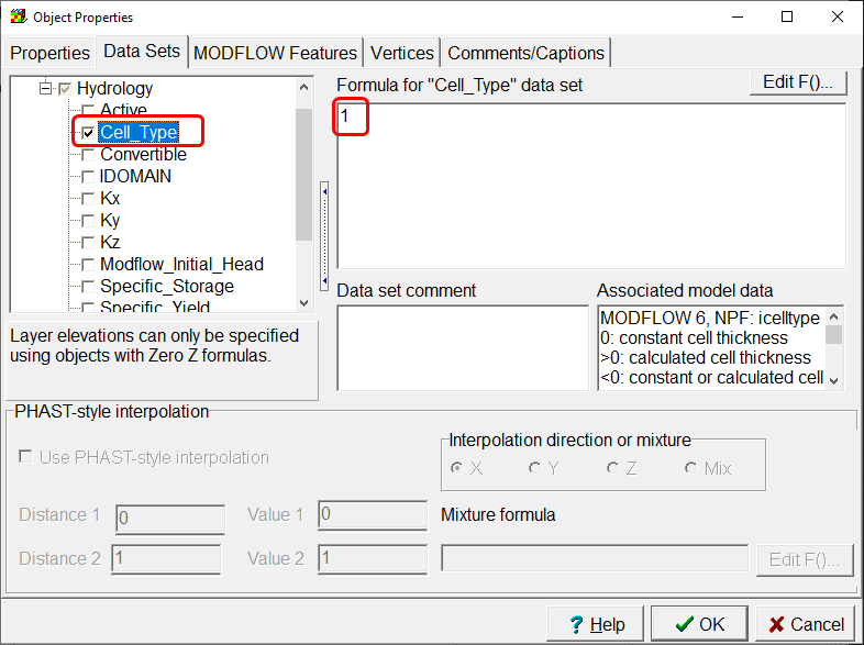 Object Properties dialog box showing specification of Cell_Type to 1