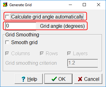 Generate Grid dialog box with "Calculate grid angle automatically" unchecked and the grid angle set to zero.