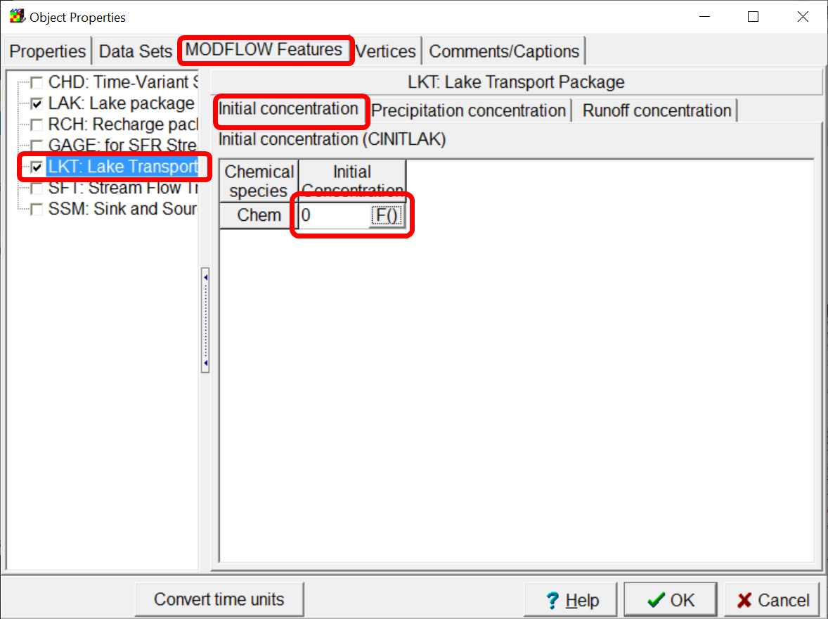 Object Properties dialog box showling how to specify the lake initial concentration