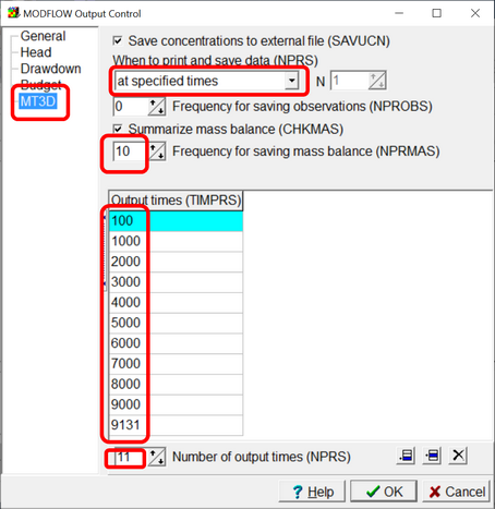 Specifying MT3D-USGS output times in the MODFLOW Output Control Dialog Box