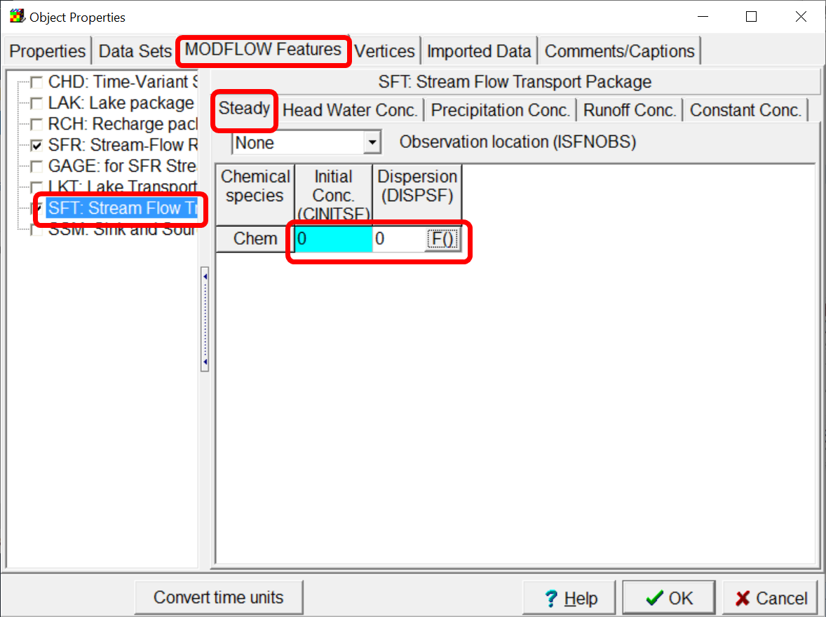 Object Properties dialog box showing how to specify the initial concentration and dispersion in the stream