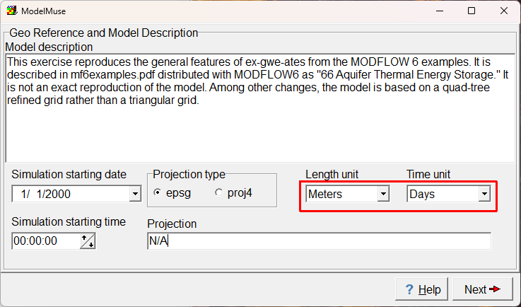 Screen capture of the Initial Grid dialog box illustrating the specification of the length and time units.