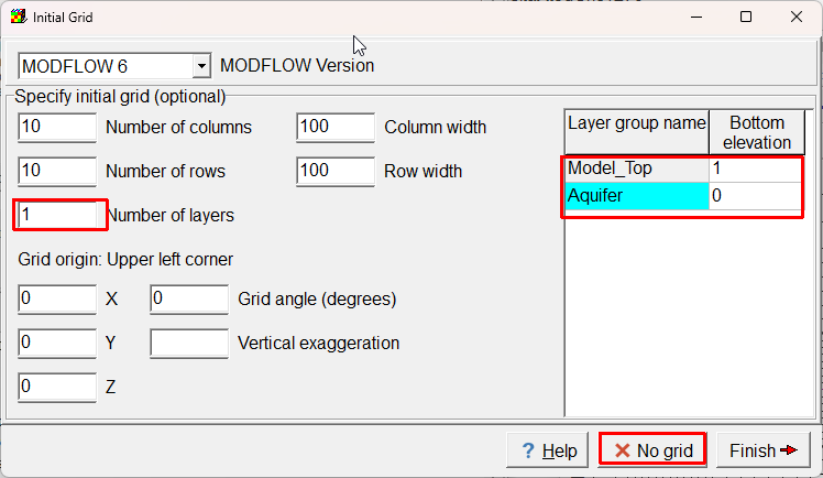Screen capture of the Initial Grid dialog box illustrating specifying the number of layers and the elevation of the top and bottom of the model.