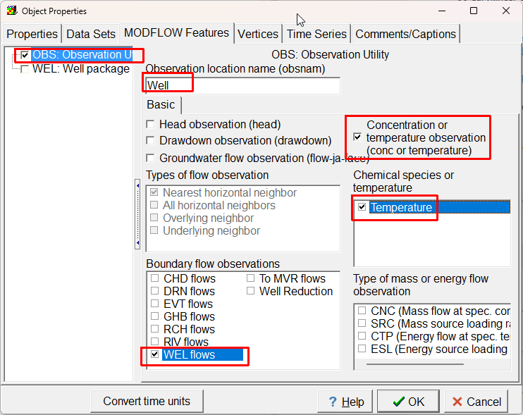 Screen capture of the Object Properties dialog box illustrating the specification of well flow and groundwater temperature