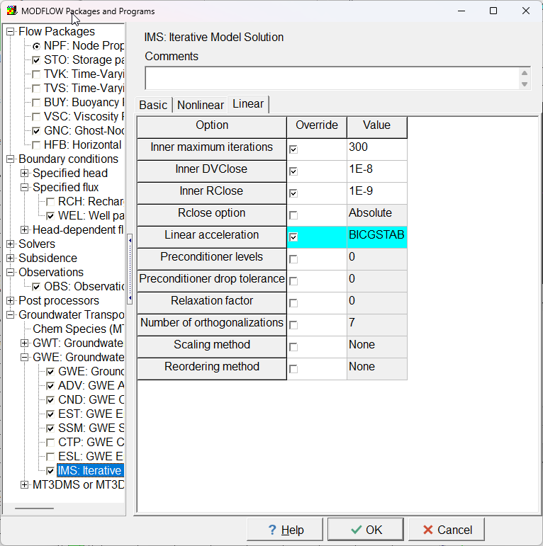 Screen capture of the MODFLOW Packages and Programs dialog box showing the selected packages