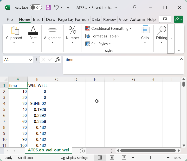Screen capture of pumping rate values in a spreadsheet