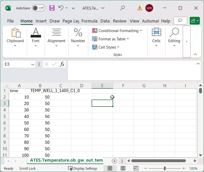 Screen capture of simulated temperatures in a spreadsheet